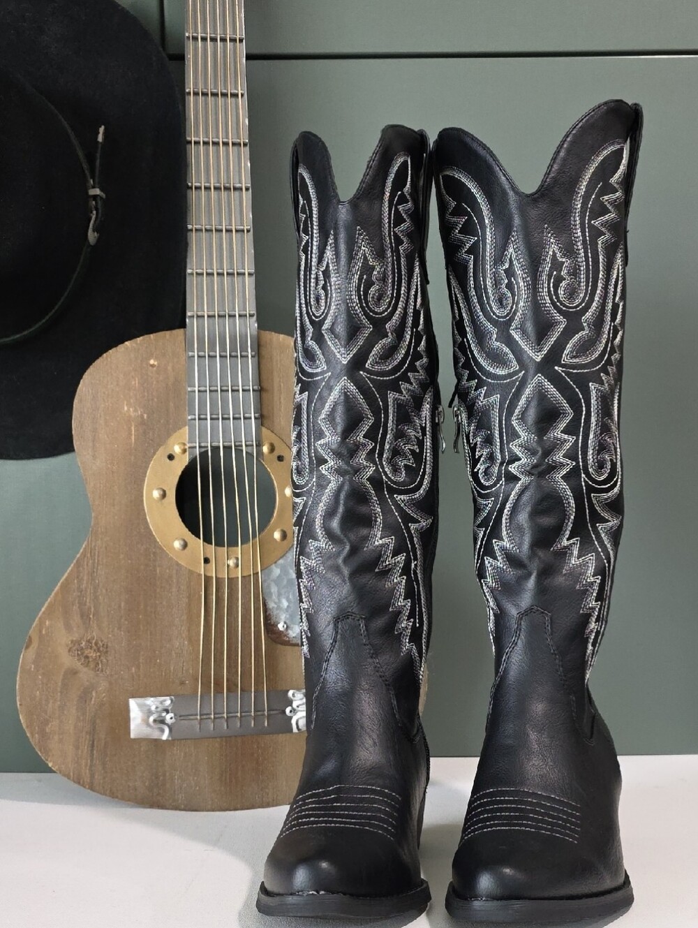 Onlymaker Black Embroidered Cowboy Boots Knee High Western Cowgirl Sz 9